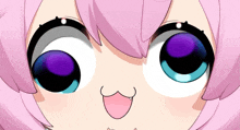 a close up of a cartoon character 's face with pink hair and purple eyes