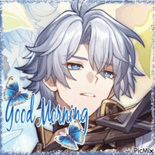 a picture of a boy with blue eyes and the words good morning written on it