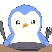a blue and white penguin is holding a knife and fork