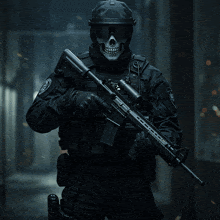 a soldier with a skull mask on holds a rifle