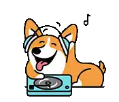 a corgi dog wearing headphones is holding a record player and playing music .