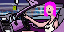 a woman with pink hair is driving a car