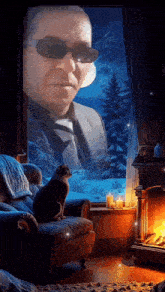 a man wearing sunglasses looks out a window with a cat sitting in front of him