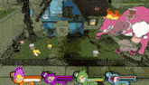 a video game is being played in front of a blue house and a pink monster