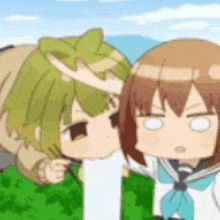 a boy and a girl are standing next to each other in a park .