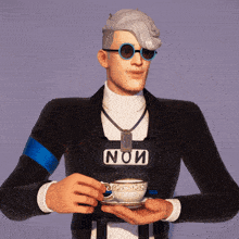 a man wearing sunglasses and a vest that says noi holds a cup of coffee