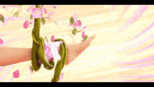 a close up of a person 's foot with flowers coming out of it