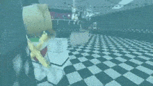 a computer generated image of a room with a checkered floor and a yellow object with a cross on it