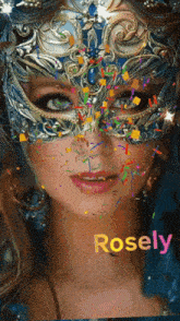 a woman wearing a masquerade mask has the name rosely on the bottom
