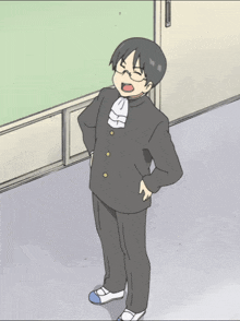 a cartoon of a man with glasses standing in a hallway with his hands on his hips