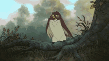 a cartoon owl is standing on a tree branch looking at something