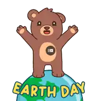 a cartoon of a teddy bear standing on top of a globe with the words earth day written below it