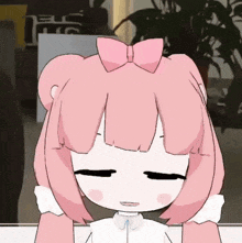 a cartoon character with pink hair and a bow on her head