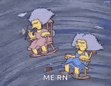 a cartoon of two women sitting in rocking chairs in a storm .