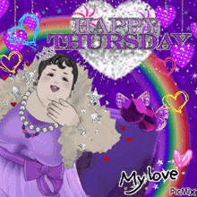 a happy thursday greeting card with a purple background
