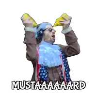 a man with mustard on his face and the word mustard underneath