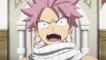 a cartoon character with pink hair and a scarf around his neck is making a surprised face