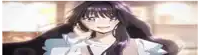a girl with purple hair is smiling and holding her hand to her ear .