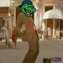 a cartoon of a man in a suit with a crocodile head and a 3look button