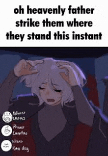a cartoon of a person holding their head with their hands .