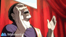 a cartoon of a man laughing with a momento logo in the foreground
