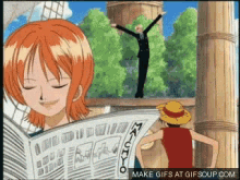 a gif of nami reading a newspaper with luffy standing in the background