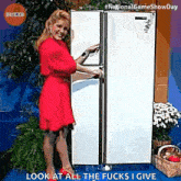 a woman in a red dress is standing in front of a refrigerator with the words look at all the fucks i give