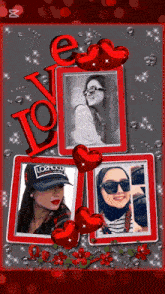 a collage of three pictures with hearts and the word love