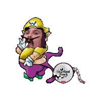 a cartoon drawing of a man dressed as wario next to a graceland ranch keychain