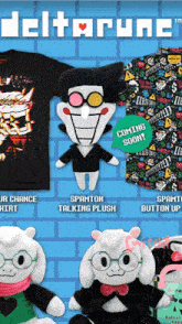 a display of stuffed animals and a t-shirt with the word deltarunc on it