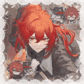 a drawing of a red haired anime character with the letters x on his hat