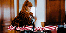 a woman in a tiger print coat is standing in a room with the words moi aussiiiii yourpiiiiiiii written on the bottom