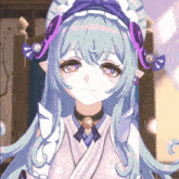 a girl with long blue hair is wearing a kimono