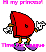 a cartoon character with the words hi my princess time for league on it