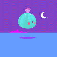 a cartoon character with a flower on its head is floating in the water with a crescent moon behind it