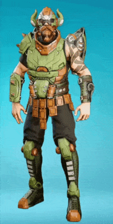 a man in a green and orange armor with horns on his head