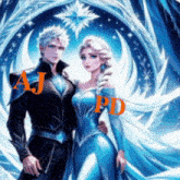 a painting of a man and a woman with aj pd in red