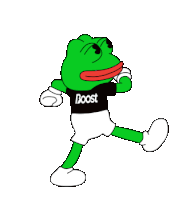 a green frog wearing a black shirt with the word boost on it is running .