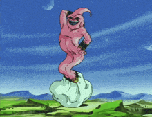 a pink cartoon character is standing on a cloud in a field
