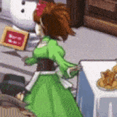 a cartoon girl in a green dress is standing next to a table with a sign on it