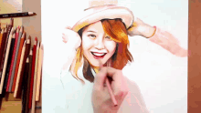 a person is drawing a woman wearing a hat with a pencil that says prismacolor