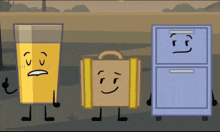 a cartoon drawing of a glass of orange juice a briefcase and a fridge