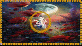 a painting of a woman sitting in a circle with flowers in the background