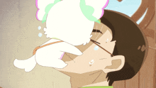 a cartoon drawing of a man holding a white cat