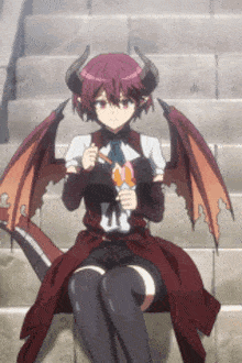 a girl with horns and wings is sitting on a set of stairs eating ice cream