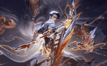 a man is holding a sword and shield in front of a dark background