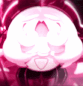a close up of a pink cartoon character with its eyes closed and a heart in its mouth .