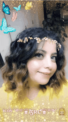 a woman wearing a crown of flowers on her head with butterflies in the background
