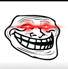 a black and white troll face with red eyes