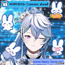 a picture of a girl with bunny icons and a warning that cuteness is ahead